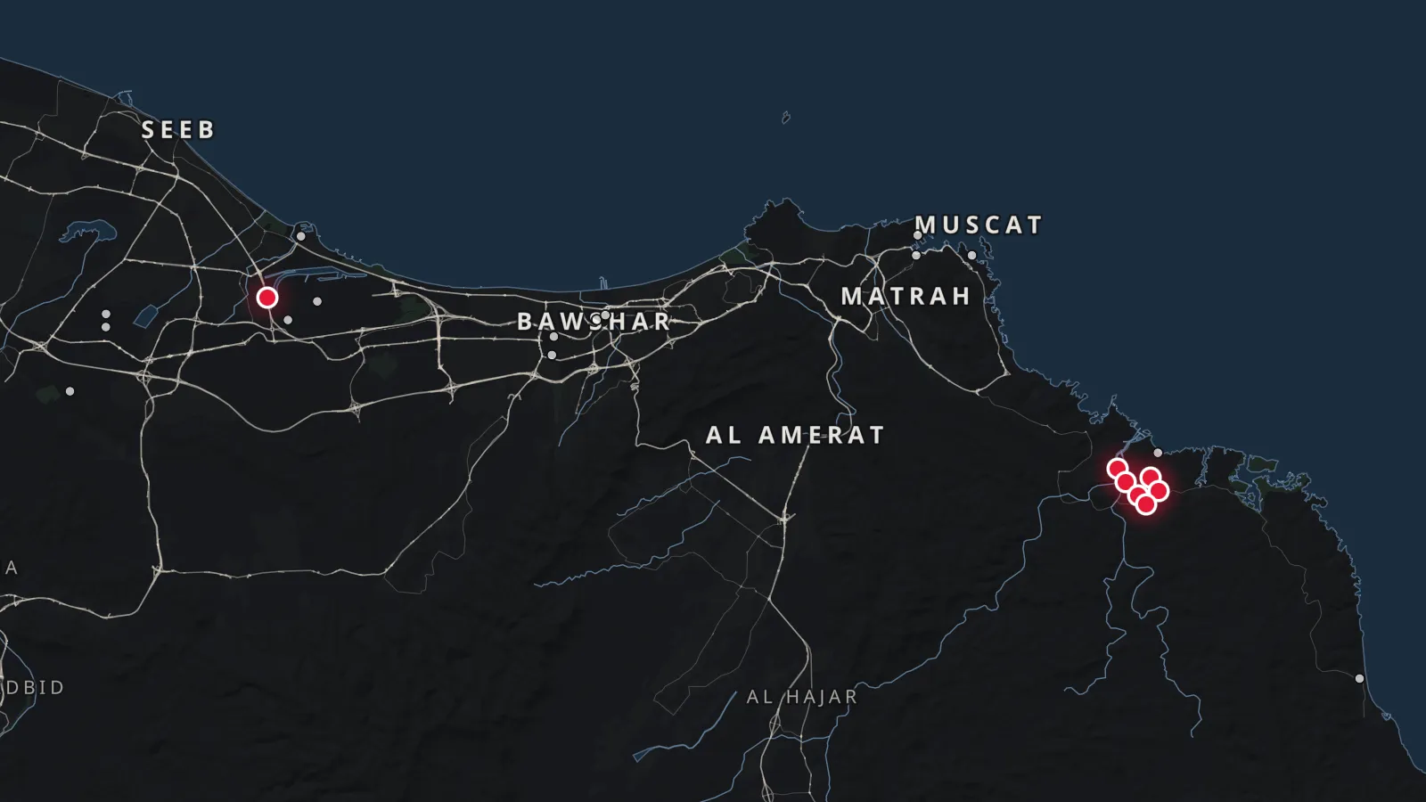 Map of Muscat with 7 developments marked
