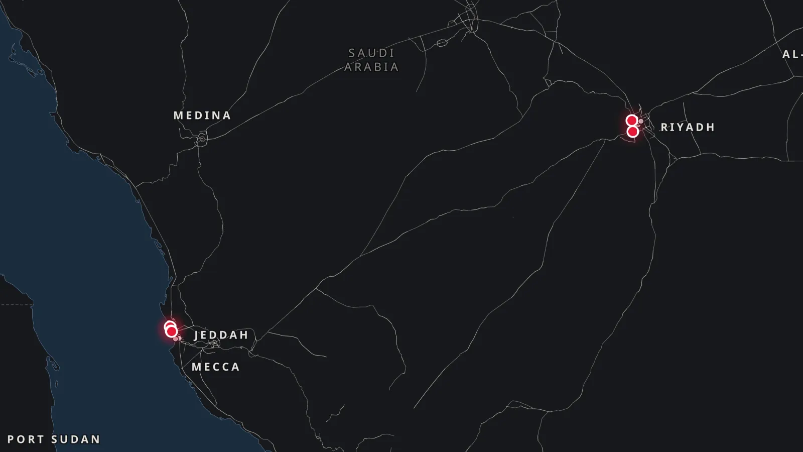 Map of Riyadh and Jeddah with 5 developments marked