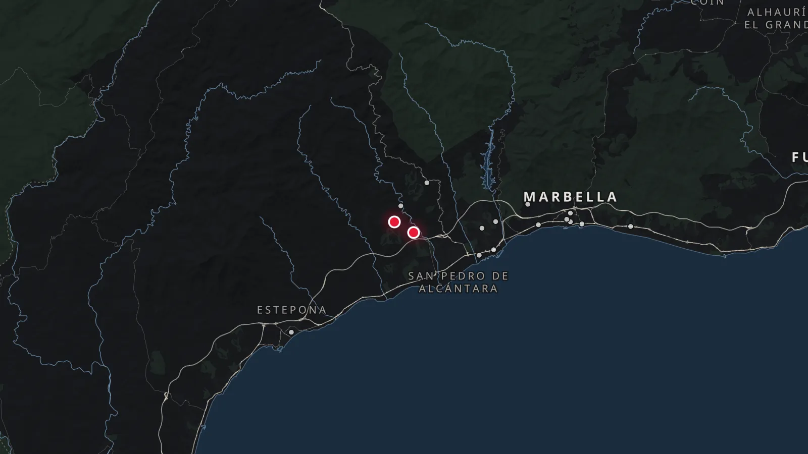 Map of Costa del Sol with 2 developments marked