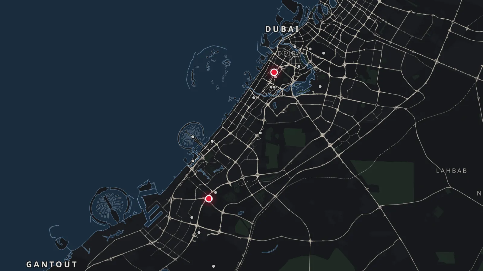 Map of Dubai with 2 developments marked