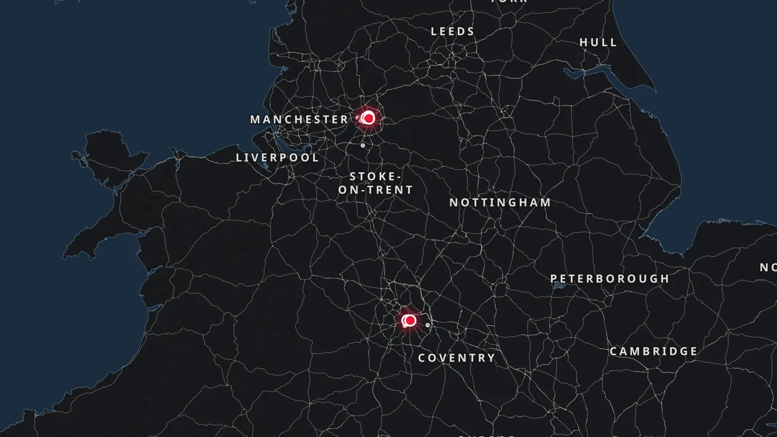 Map of Manchester and Birmingham with 5 developments marked