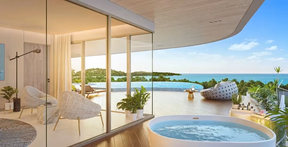Developer's rendering: a balcony plunge pool looking out to sea at Sole Mio Residences, Bang Tao, Phuket