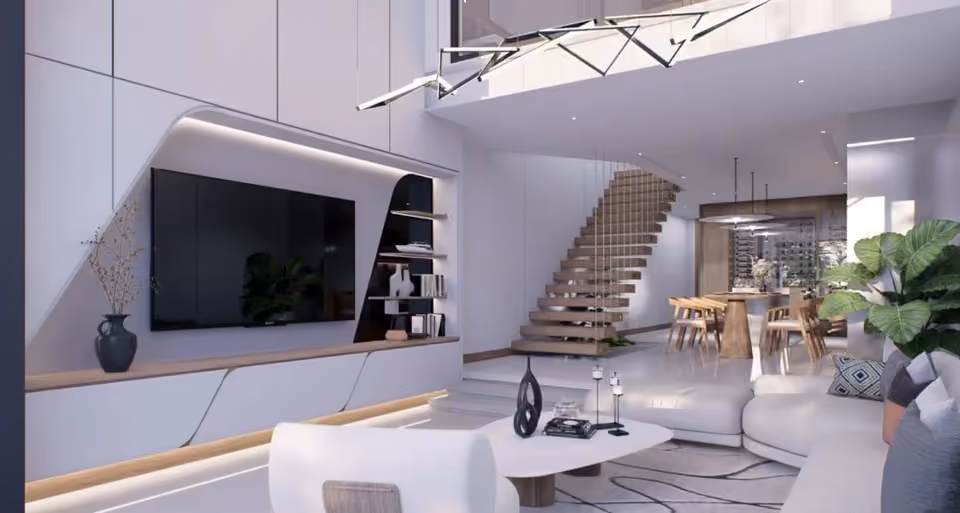 Developer's rendering: a duplex living room at Sole Mio Residences, Bang Tao, Phuket