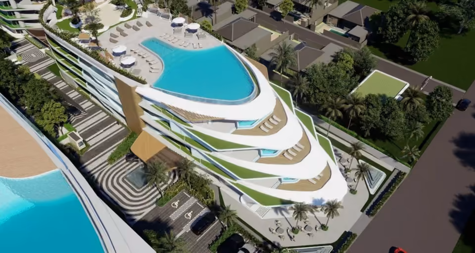 Developer's rendering: an aerial view of the curved terraces and pools at Sole Mio Residences, Bang Tao, Phuket