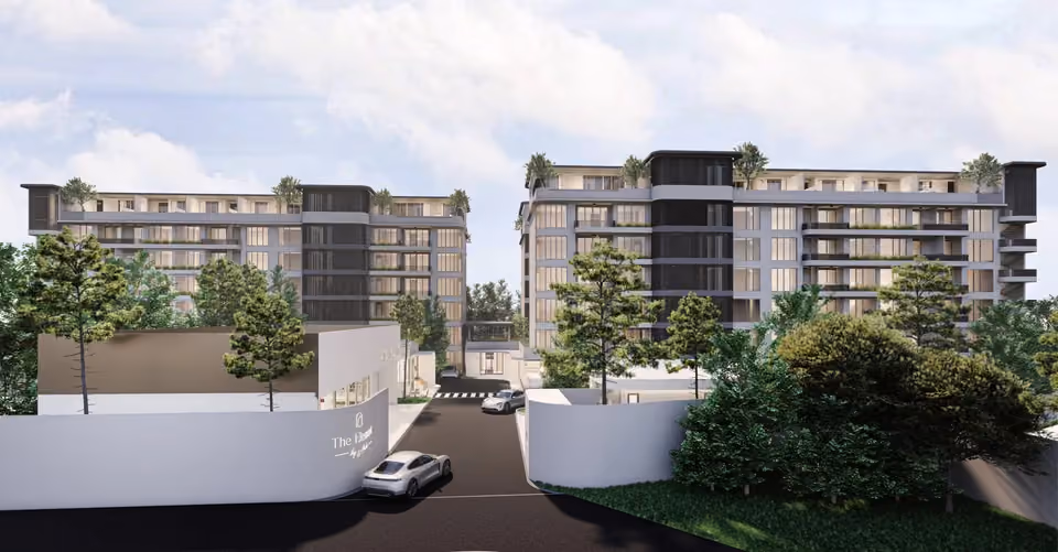 Developer's rendering: the street front of the condominium buildings at The Element by Anocha, Kamala, Phuket