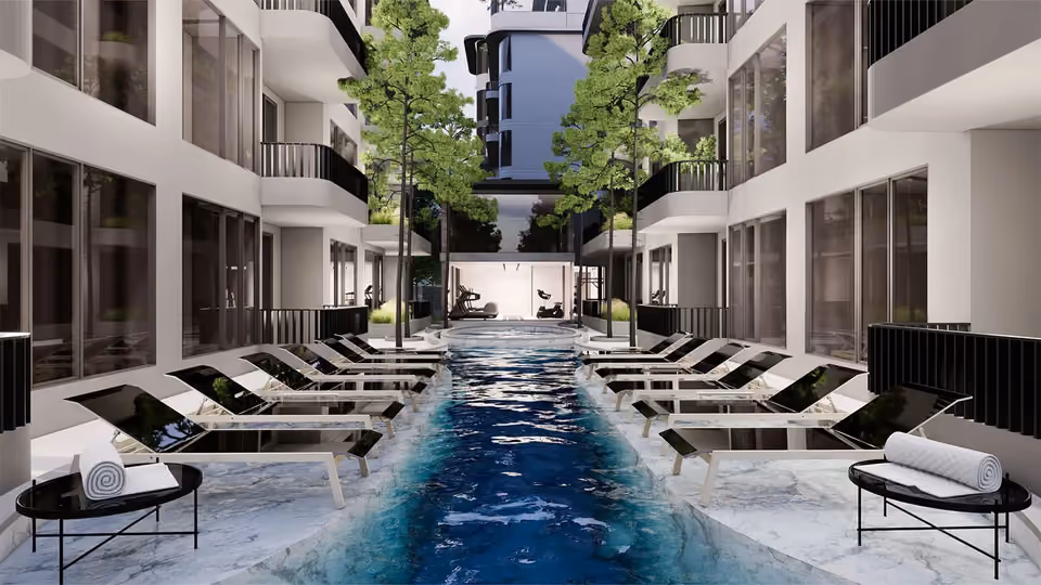 Developer's rendering: the courtyard lap pool and loungers at The Element by Anocha, Kamala, Phuket