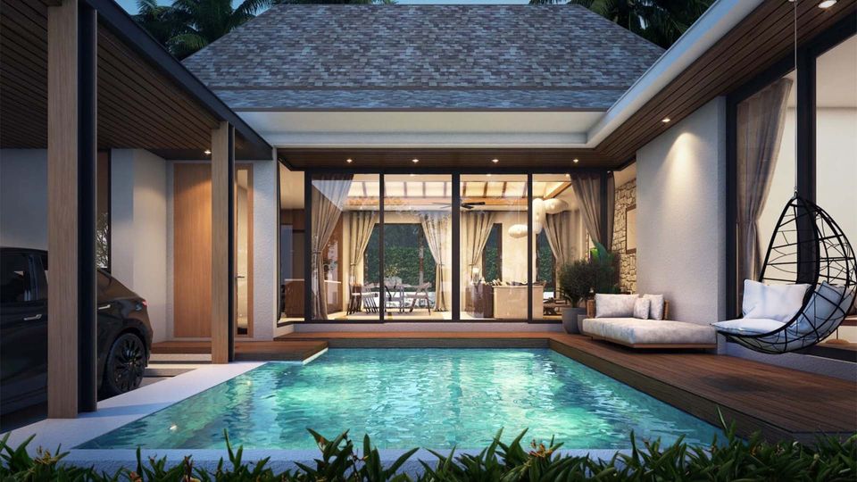Developer's rendering: a private pool courtyard at Verdi Villas, Si Sunthon, Phuket