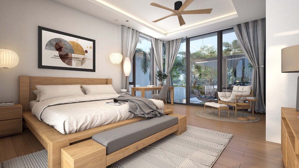 Developer's rendering: a villa bedroom at Verdi Villas, Si Sunthon, Phuket