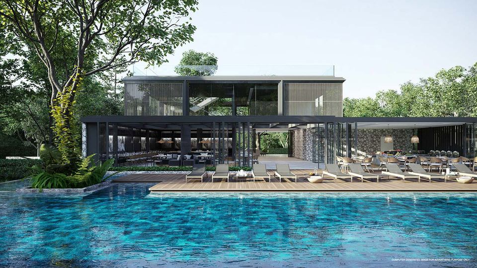 Developer's rendering: the clubhouse and main pool at MGallery Residences MontAzure, Kamala, Phuket