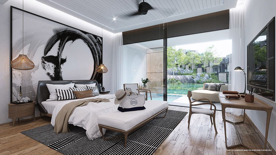 Developer's rendering: a bedroom opening onto a pool at MGallery Residences MontAzure, Kamala, Phuket