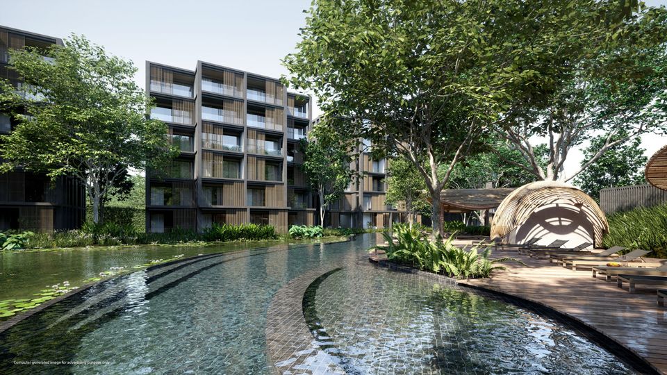 Developer's rendering: the garden pool between the residence buildings at MGallery Residences MontAzure, Kamala, Phuket