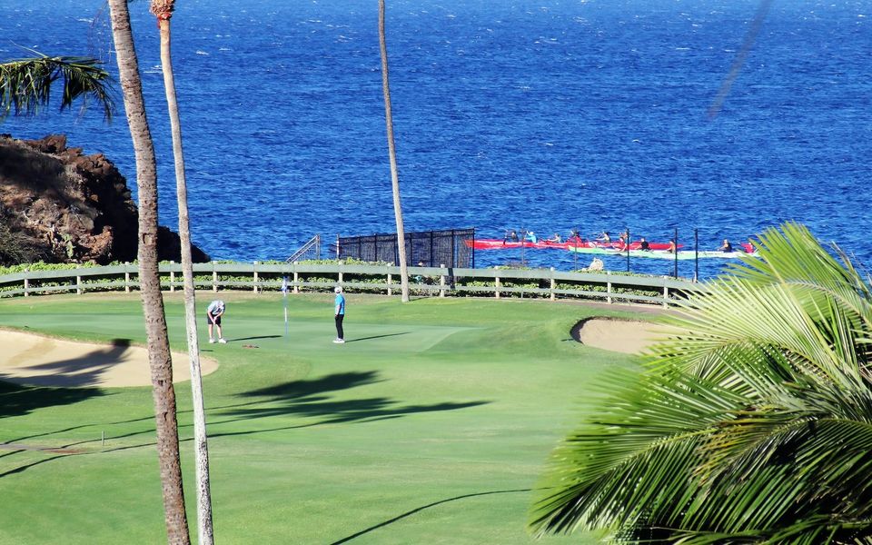Palms beside a putting green above the sea at Kaanapali, Maui