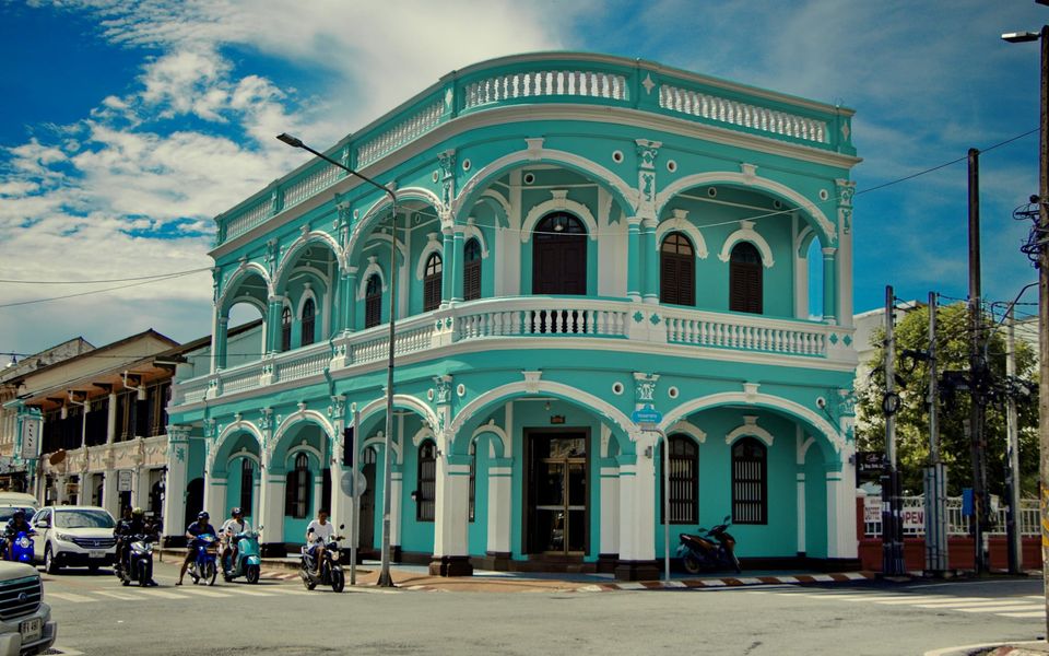 Restored Sino-Portuguese corner building in Phuket Old Town