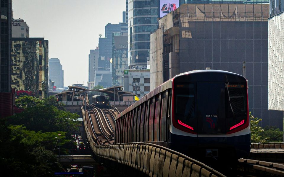 BTS Skytrain on the elevated line through central Bangkok
