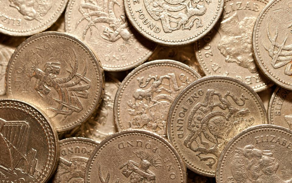 Close-up of British one-pound coins