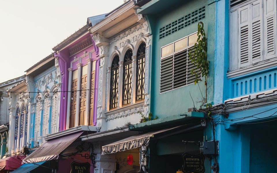 Pastel Sino-Portuguese shophouse facades in Phuket Old Town